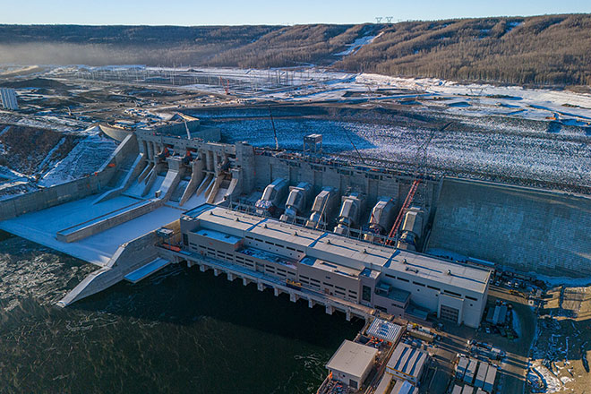 Aerial view of the Site C dam in winter