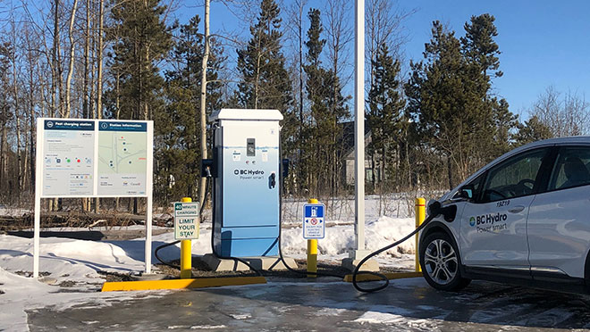 Image of a BC Hydro EV charging at the charging station in 70 Mile House