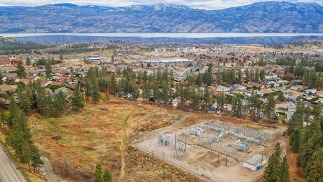 An aerial view of Westbank Substation in West Kelowna, taken in December 2025.