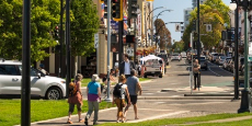 Downtown of a British Columbian municipality with a pedestrian street and historical architecture.