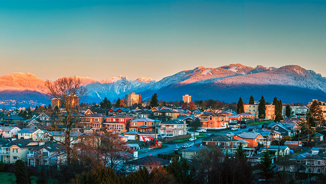 Snow-capped North Shore mountains viewed from Burnaby, B.C.