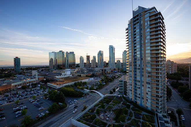 Burnaby, B.C.'s Metrotown area at sunset