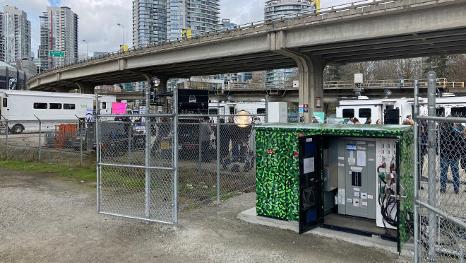 A power kiosk in northeast False Creek A power kiosk in northeast False Creek