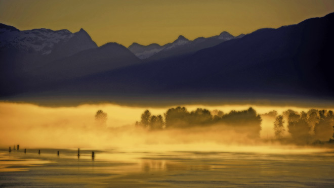 Image of sunrise on the Fraser and Pitt Rivers Image of sunrise on the Fraser and Pitt Rivers