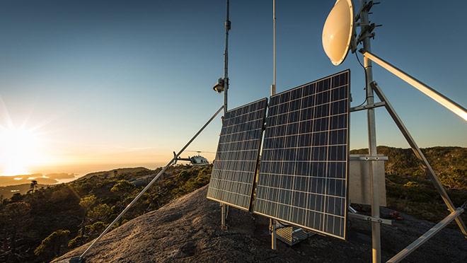 Image of a solar-powered weather station on Calvert Island Image of a solar-powered weather station on Calvert Island