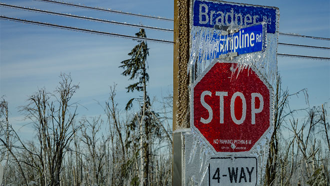 Image of Abbotsford road signs encased in ice during a 2017 ice storm Abbotsford road signs encased in ice