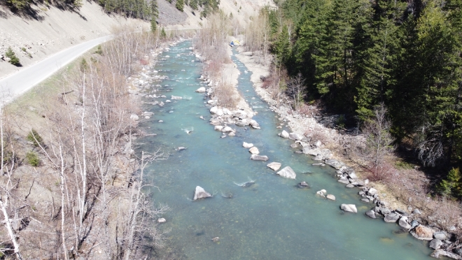 Grizzly Bar Side Channel - approved channel flow and structure after restoration in April 2026 (right image).