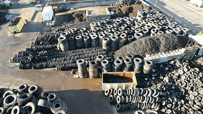 Aerial view of tires waiting to be recycled at Liberty Tire
