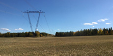 A wide view of electrical transmission towers and power lines crossing an open field beside a forest under a clear blue sky. A wide view of electrical transmission towers and power lines crossing an open field beside a forest under a clear blue sky.