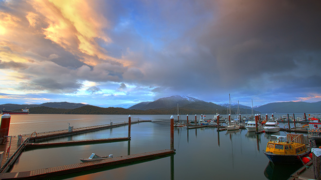Dramatic sky over Prince Rupert, B.C.'s harbour
