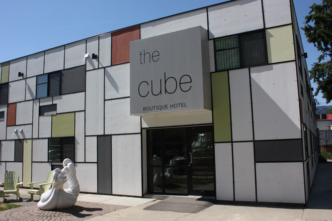The Cube Hotel Revelstoke Exterior shot of The Cube boutique hostel in Revelstoke