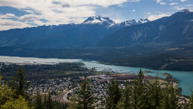Revelstoke and Mount Begbie Shot from lookout at Mount Revelstoke National Park over Revelstoke to Mount Begbie