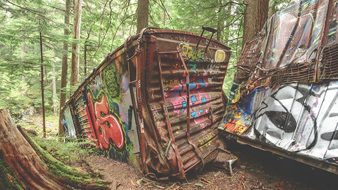 train wreck trail, Whistler graffitied boxcars, train wreck trail, Whistler
