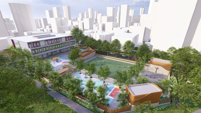 Aerial rendering of a school campus with a playground, sports field, outdoor gathering areas and trees.