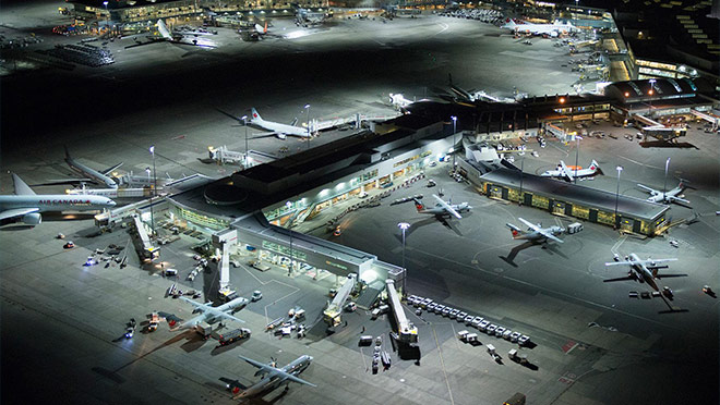 Aerial view of YVR airport terminal at night