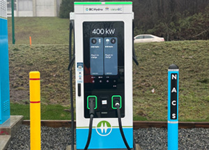 BC Hydro charging stall with a blue bollard marked "NACS".