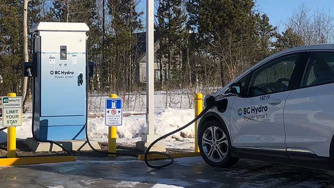 Image of a BC Hydro EV charging at a fast charger in 70 Mile House, B.C.