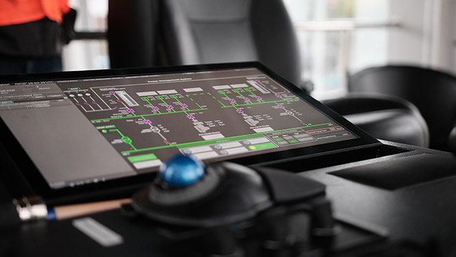 A control panel inside one of SAAM's electric tugs