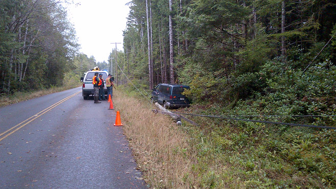 Image of a van that has hit a power pole near Ucluelet Image of a van that has hit a power pole near Ucluelet