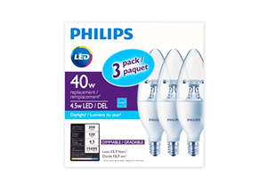Phillips 3 Pack 4.5 Watt B12 Candelabra Base Dimmable Daylight LED Bulb SKU 3653-250 Phillips 3 Pack 4.5 Watt B12 Candelabra Base Dimmable Daylight LED Bulb SKU 3653-250