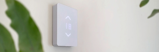 Mysa smart thermostat on a white wall in the background with part of a plant leaf in the foreground. 