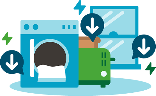 Illustration of a washing machine, a toaster, and a window with lightning symbols and downward arrows