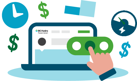 Illustration of laptop with dollar signs, a clock, a bar graph, a gauge meter, and a hand selecting options surrounding it