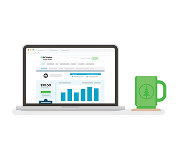 Illustration of a laptop showing the MyHydro login space, and a green mug beside the laptop