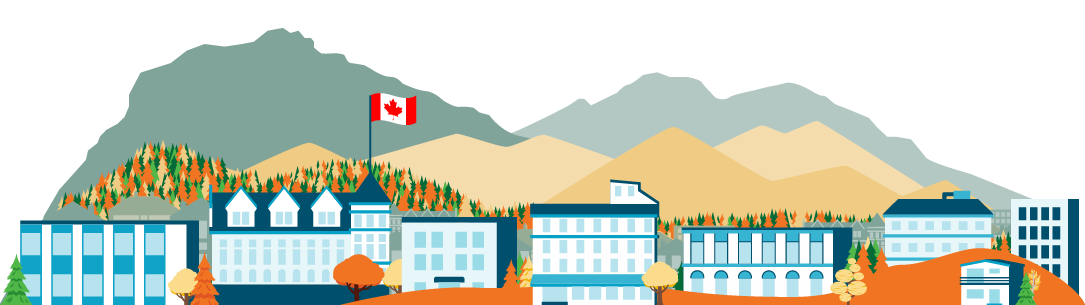 A stylized illustration of Nelson, B.C. in autumn. The foreground features a variety of colorful buildings in different architectural styles, including one with a prominent Canadian flag. Surrounding the buildings are trees in vibrant fall colors—reds, oranges, and yellows. In the background, forested mountains rise under a clear sky.