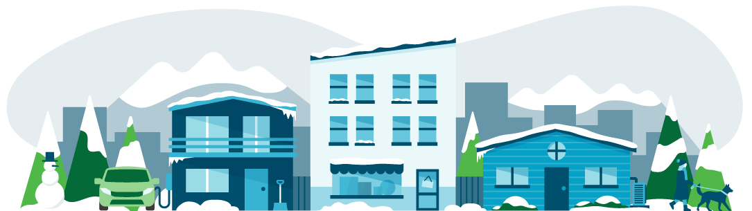 An illustrated winter neighborhood scene featuring snow-covered houses, evergreen trees, mountain views, and a person walking a dog.