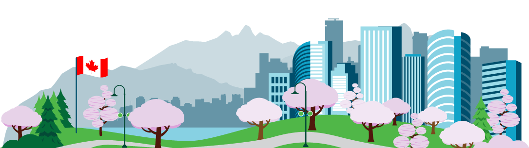 An illustrated spring scene in Vancouver featuring pink cherry blossom trees in the foreground, a grassy park with lamp posts and pathways, a Canadian flag on the left, and a skyline of tall modern buildings set against distant mountains and the waterfront.