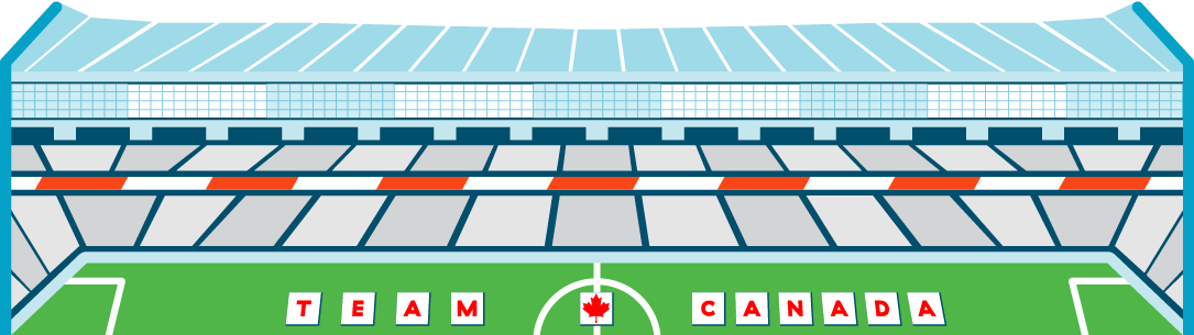 Stylized illustration of a Vancouver football stadium with a green field and the words ‘TEAM CANADA,’ featuring a maple leaf at center field.