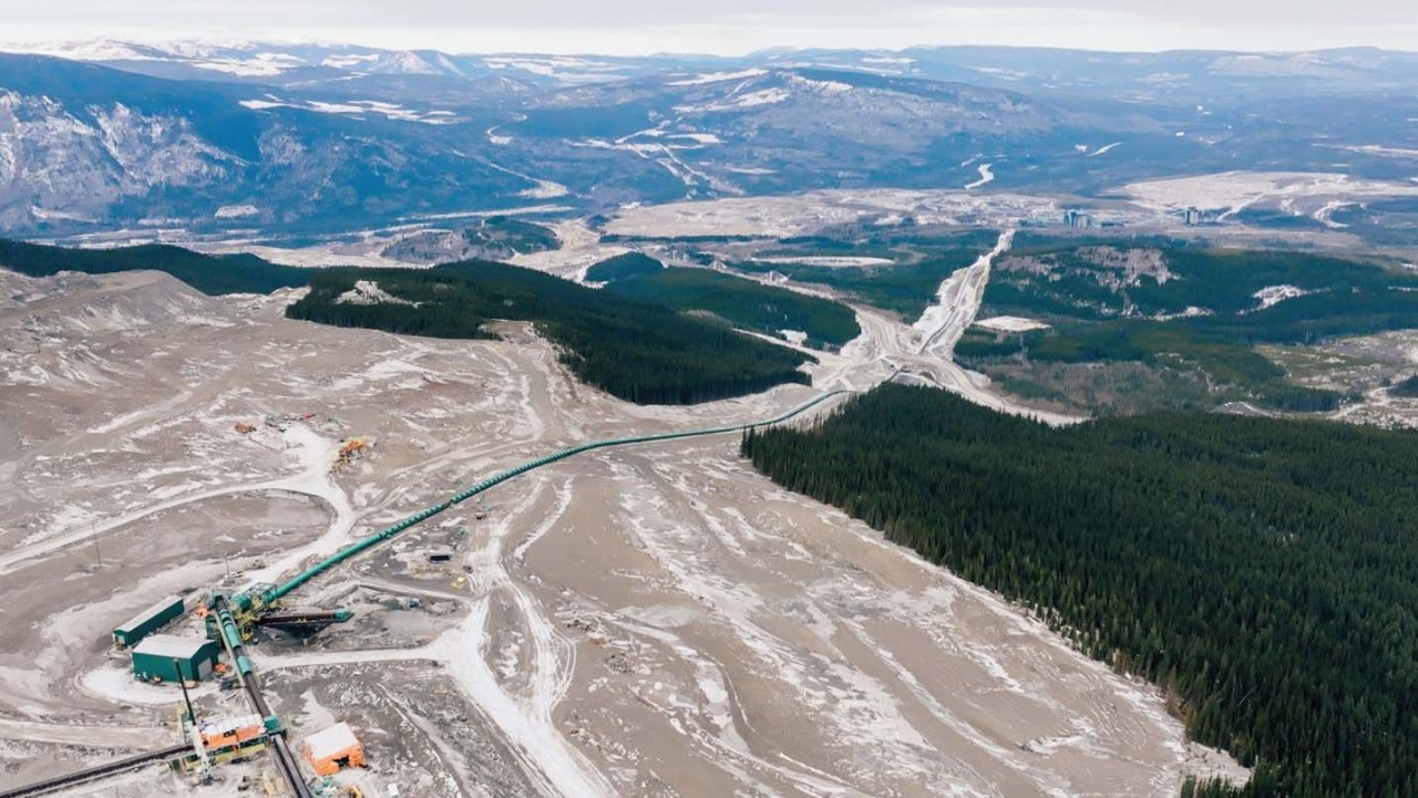 Aerial view of Conuma Resources implement a 5 km overland conveyor at Quintette Mine