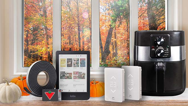 Prize package for cozy fall contest: Danby air fryer, Mysa thermostat, Kobo reader and Canadian Tire gift card.