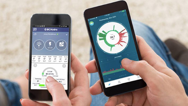 Two phones showing HydroHome app with electricity use tracking and insights