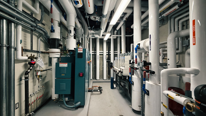 Mechanical room for the heat pumps and electric boilers in the all-electric École Snokomish Elementary 