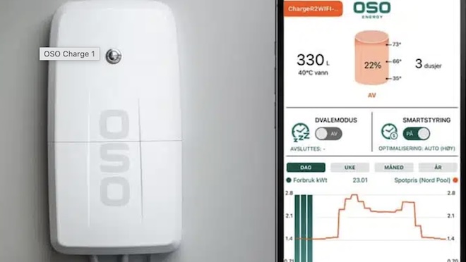 Electric hot water heater side by side with a phone featuring an app showing energy usage of the unit.