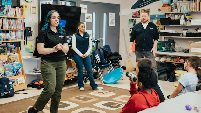 Nicole talking about Electrical Safety Week to kids with Dave and Jaclyn.