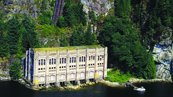 Aerial view of the historic Buntzen Powerhouse