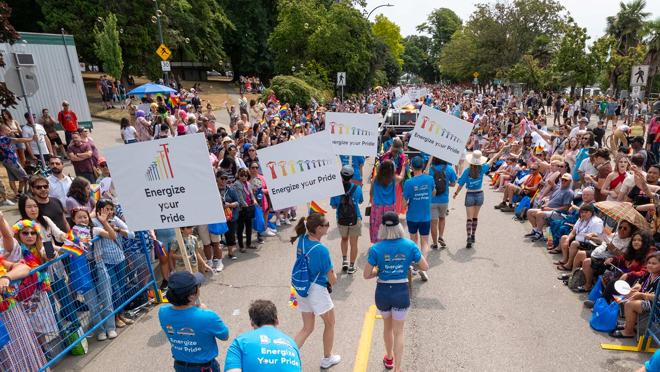 Our Pride Network joined the Vancouver parade ready to celebrate, dressed in BC Hydro Pride gear and carrying colourful signs .