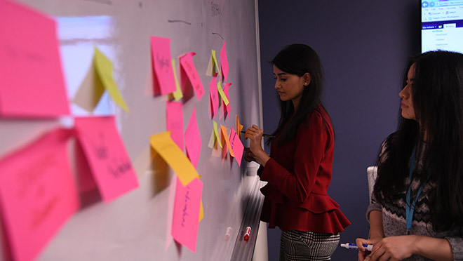 Employee whiteboard brainstorm