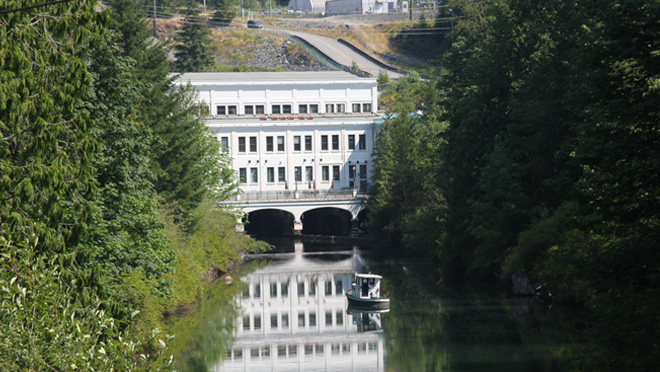 Powerhouse at Stave Falls viewed from across the water.