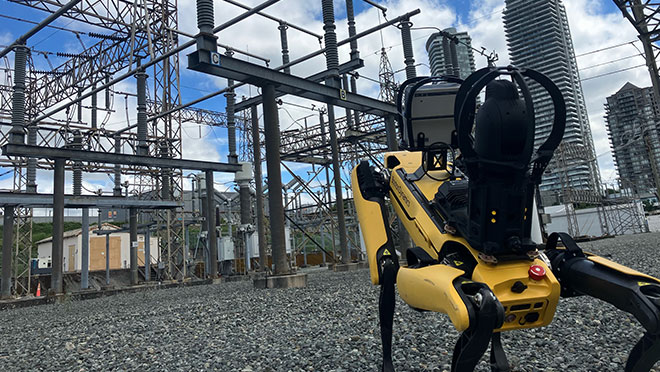 image of a four-legged robot now supporting crews with inspections, substation patrols and accessing hard-to-reach areas.
