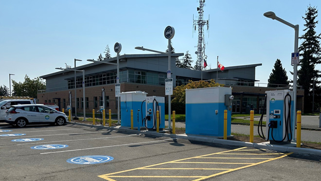 EV charge hub at Strathcona Gardens Recreation Complex parking lot in Campbell River.