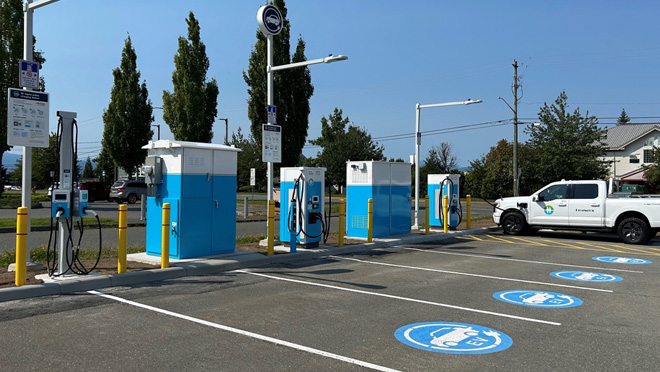 The EV charge site at Strathcona Gardens Recreation Complex parking lot features two 180-kilowatt chargers.