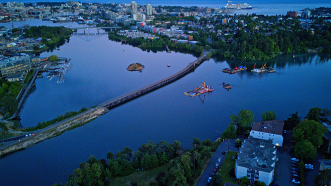 Aerial view of the Gorge Waterway and Point Ellice Bridge in Victoria, B.C.