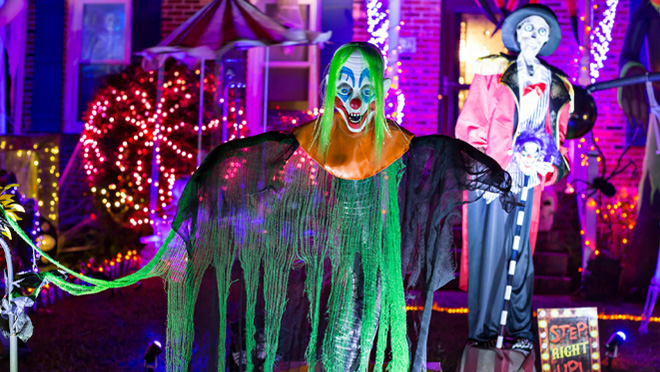 Colourful Halloween decorations displayed outside a home