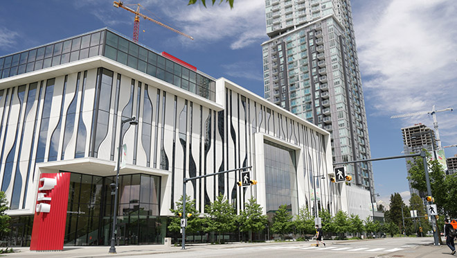 Facade of SFU's sustainable engineering building in Surrey.